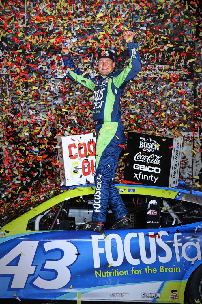 Erik Jones celebrates in victory lane after winning Sunday's Cook Out Southern 500 at Darlington Raceway. Jones becomes the first driver in Cup playoff history to win the playoff opener but did not qualify for the playoffs in the same season. (Photo by Harold Hinson/HHP for Chevy Racing)